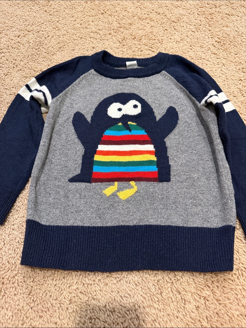GAP Navy & Gray Penguin Sweater with Rainbow Stripe
